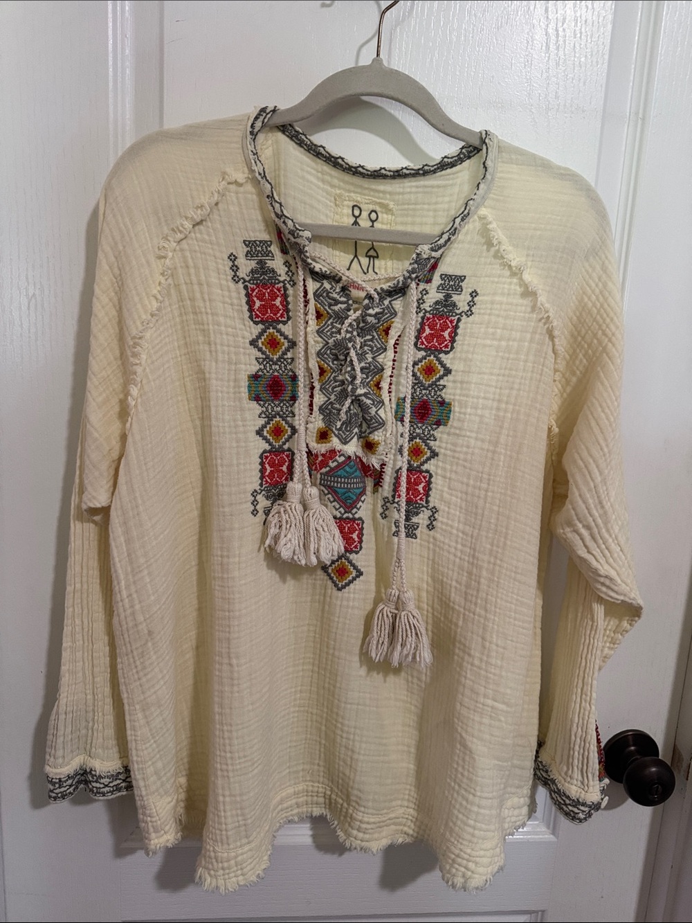Johnny Was Cream Embroidered Tassel Peasant Tunic